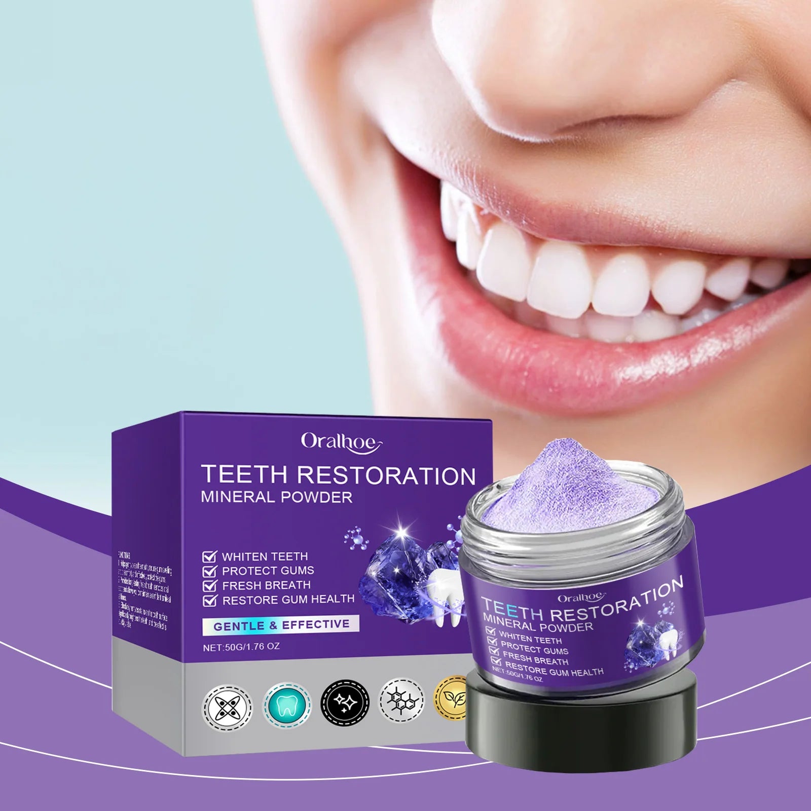 Teeth Restoration Mineral Powder Teeth Whitening Remove Stain Oral Clean Fresh Breath Improve Smell Purple Bleaching Toothpaste - Bulkizz